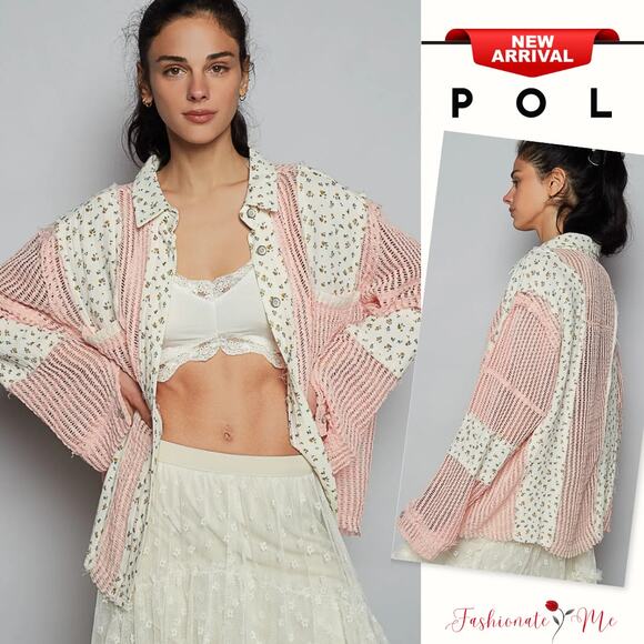POL Boho Floral Pattern Crochet Patchwork Long Sleeves Oversized Shirt | Peach - Picture 1 of 6